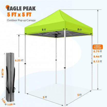 EAGLE PEAK 5x5 Pop Up Canopy Tent Instant Outdoor Canopy Easy Set-up Straight Leg Folding Shelter（Blue）
