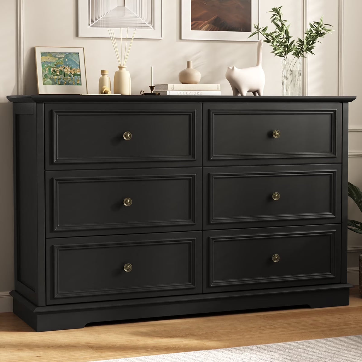 IDEALSOUL Black Dresser,6 Drawer Dresser for bedroom,Retro Wood Storage Cabinet for Living Room