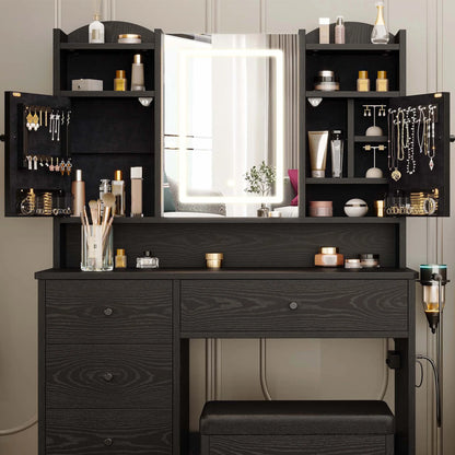 IRONCK White Vanity Set with Mirror and Lights, Makeup Vanity Desk with 5 Drawers & 2 Cabinets & Charging Station