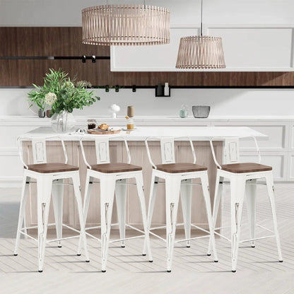 Andeworld Bar Stools Set of 4 Counter Height Stools Industrial Metal Barstools with Wooden Seats( 24 Inch, Distressed White )