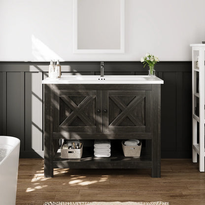 DreamCurship Bathroom Vanity with Sink Combo, 35'' Bathroom Storage Cabinet with Storage, Farmhouse Bathroom Vanity Cabinet with 2 Doors and Open Shelf, White