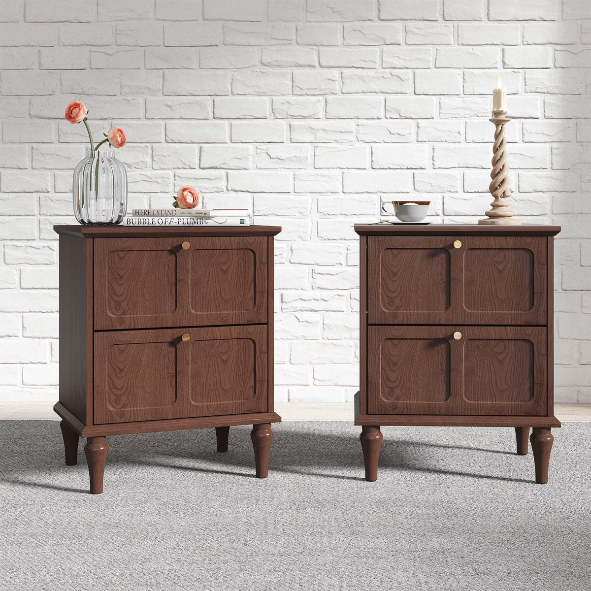 HLR 20" Mid Century Nightstands Set of 2 with Drawers, Wood Bedside Table End Table for Bedroom, Brown