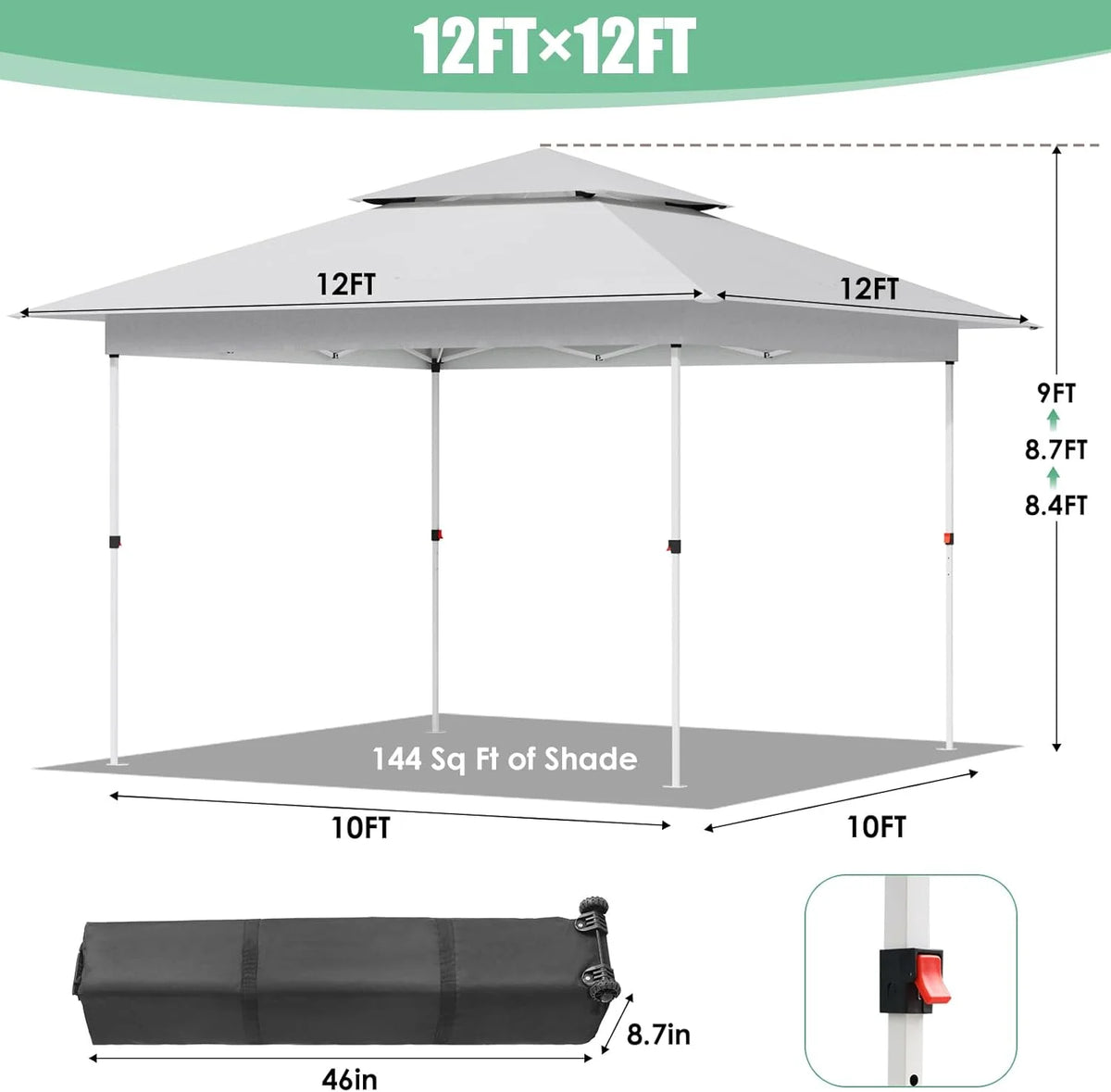 Pirecart 12' x 12' Pop-up Canopy Tent Waterproof Outdoor Gazebo Shelter with Wheeled Bag, Instand Canopy , White