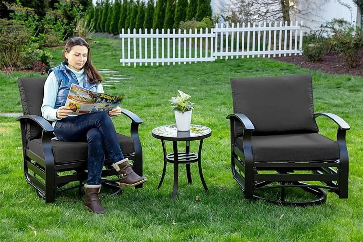 ALAULM 3 Piece Patio Outdoor Aluminum Metal Swivel Rocking Chair with 1 Coffee Table and 2 Khaki Padded Cushions Outdoor Metal Swivel Rocking Chair Furniture Conversation Set for Porch Garden