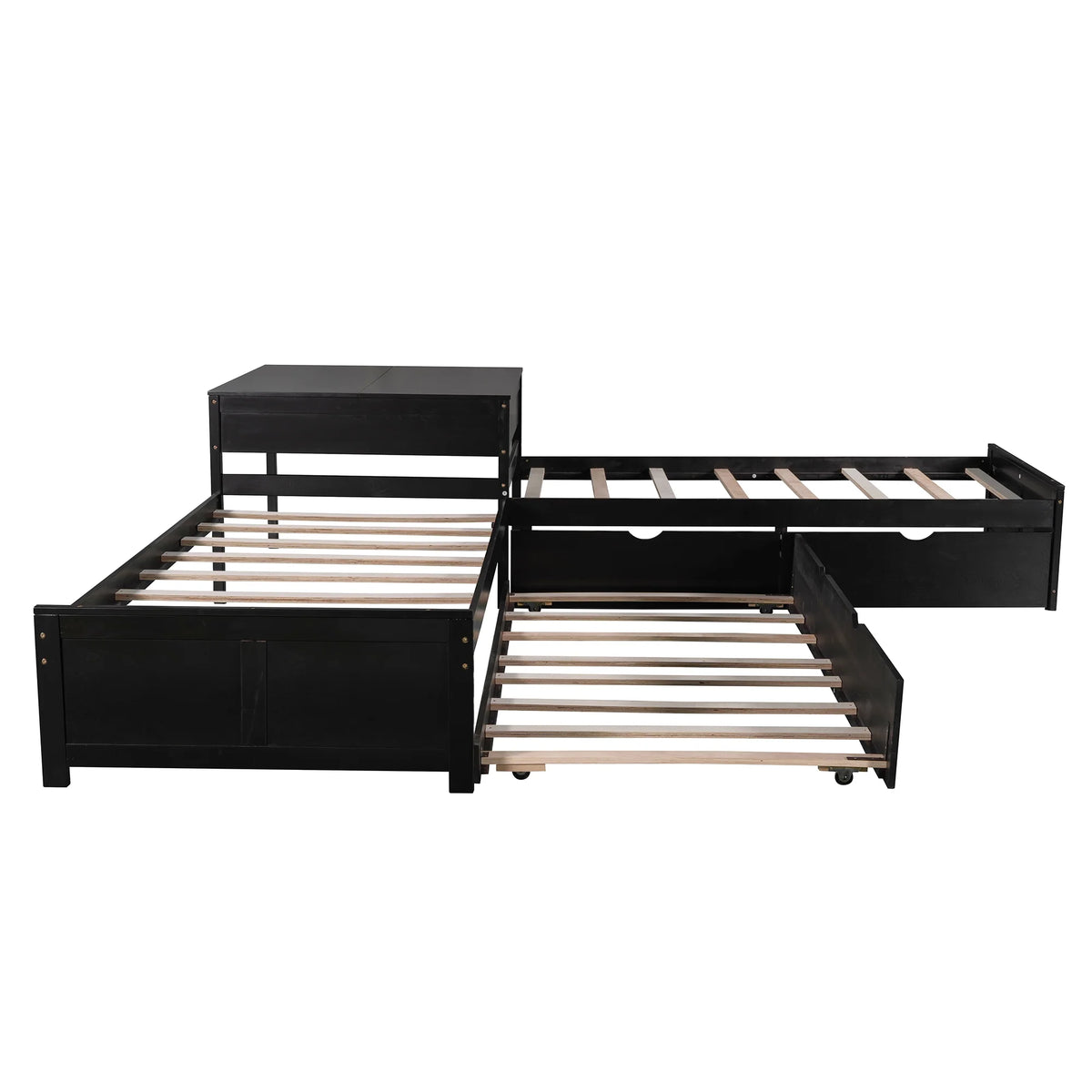 Euroco Wood Twin Size L-Shaped Platform Bed with Square Storage Table for Kids Teens, 2 Platform Beds with Trundle and Drawers for Living Room, 3 Twin Beds, Gray