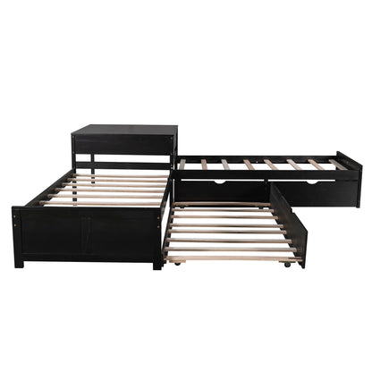 Euroco Wood Twin Size L-Shaped Platform Bed with Square Storage Table for Kids Teens, 2 Platform Beds with Trundle and Drawers for Living Room, 3 Twin Beds, Gray