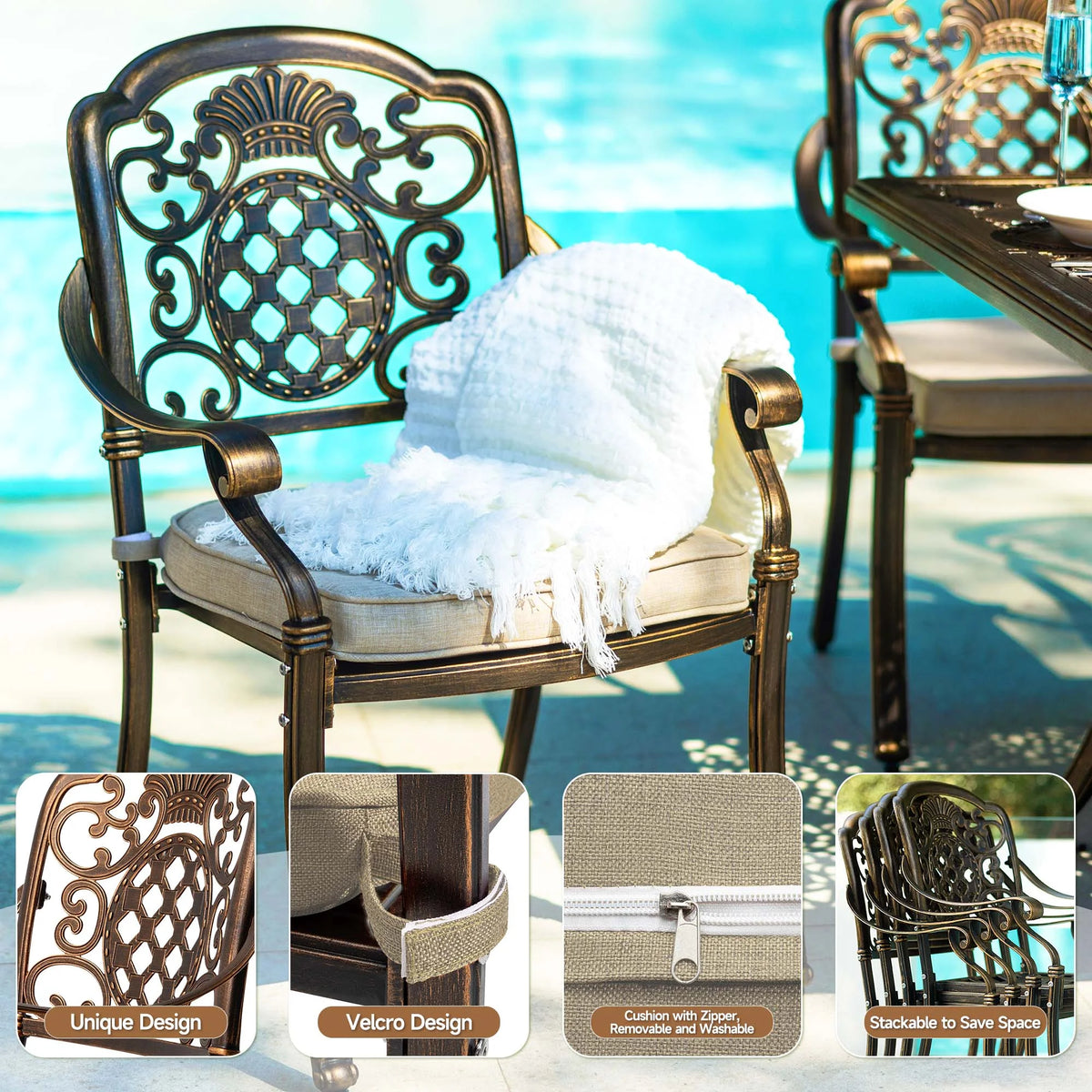 7-Piece Patio Furniture Dining Set, All-Weather Cast Aluminum Outdoor Table and Chairs for 6, Includes 4 Dining Chair & 2 Swivel Chairs & 60���� Rectangular Table, Beige