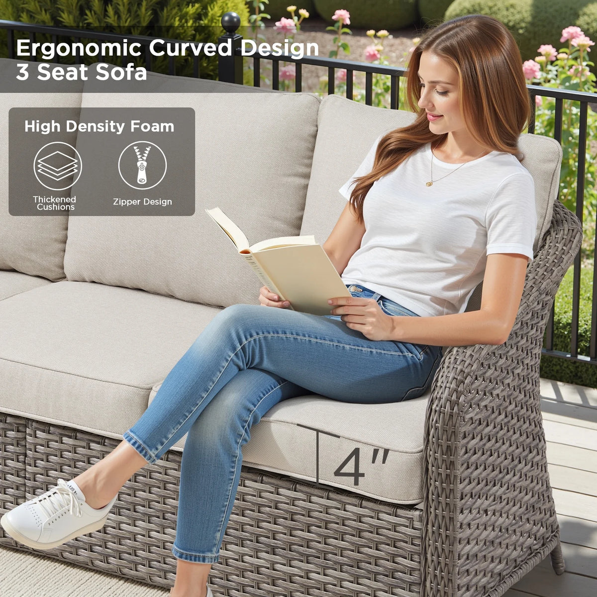 3-Seat Patio Wicker Sofa Outdoor Rattan Couch Furniture Steel Frame with Beige cushion&Waterproof Cover, Gray