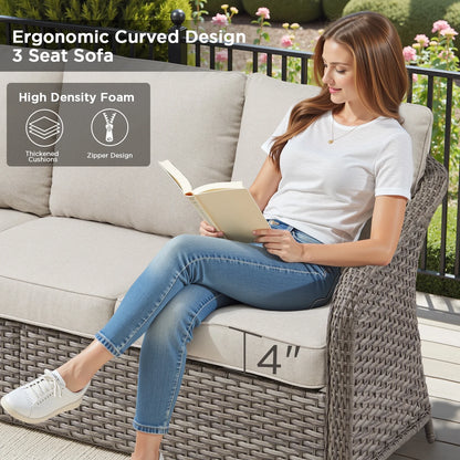 3-Seat Patio Wicker Sofa Outdoor Rattan Couch Furniture Steel Frame with Beige cushion&Waterproof Cover, Gray