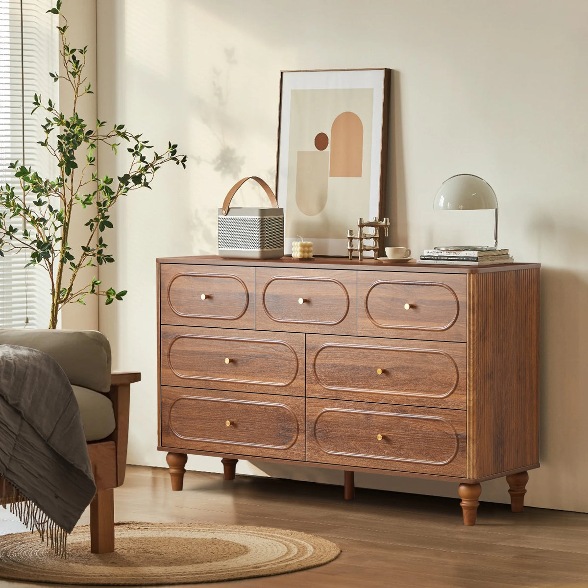 YOCWO 3 Drawer Nightstand, Classic Chest of Drawers with Arc Edge, Walnut