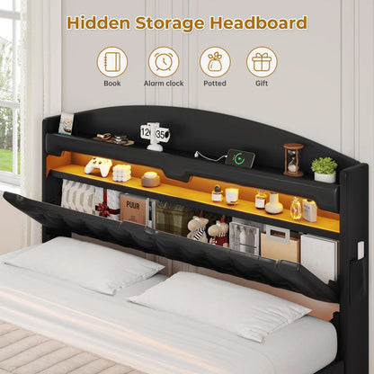 King Size Bed Frame with Storage Headboard and LED Lights,Upholstered Platform Bed with USB Port Charging,Headboard with Shelves Hidden Storage,Noise-Free,Dark Grey