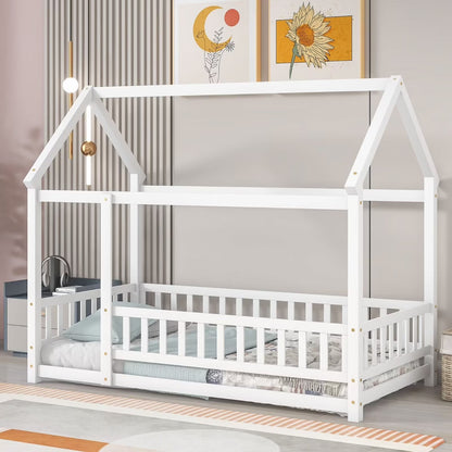 Twin Size House Bed for Boys and Girl, Wooden Canopy Bed Tent Bed, Playhouse Design Bed Frame with Full-lenth Guardrail, Bedroom Furniture, 79.5��L x 44.8��W x 66.2��H, White