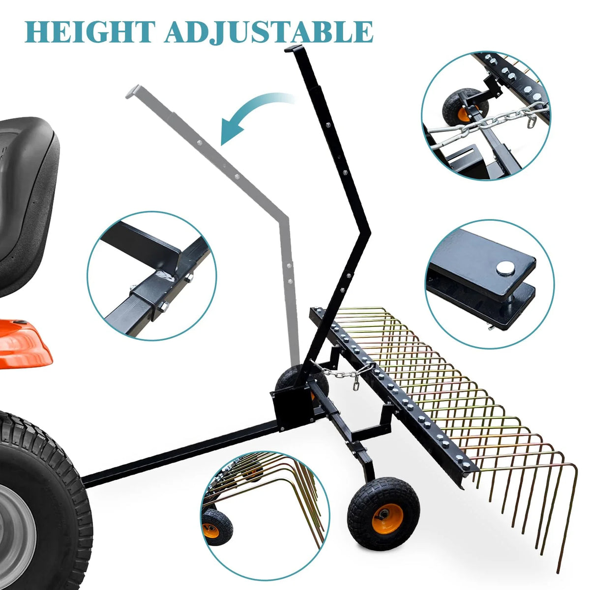 Pull Behind Rake for Riding Mower 60 Inch,Pine Straw Rake for ATV,Tow Behind Pine Needle Rake for Tractor,Tractor Rake with Lift Handle & 24 Steel Tines for Leaves,Pine Needles,Grass