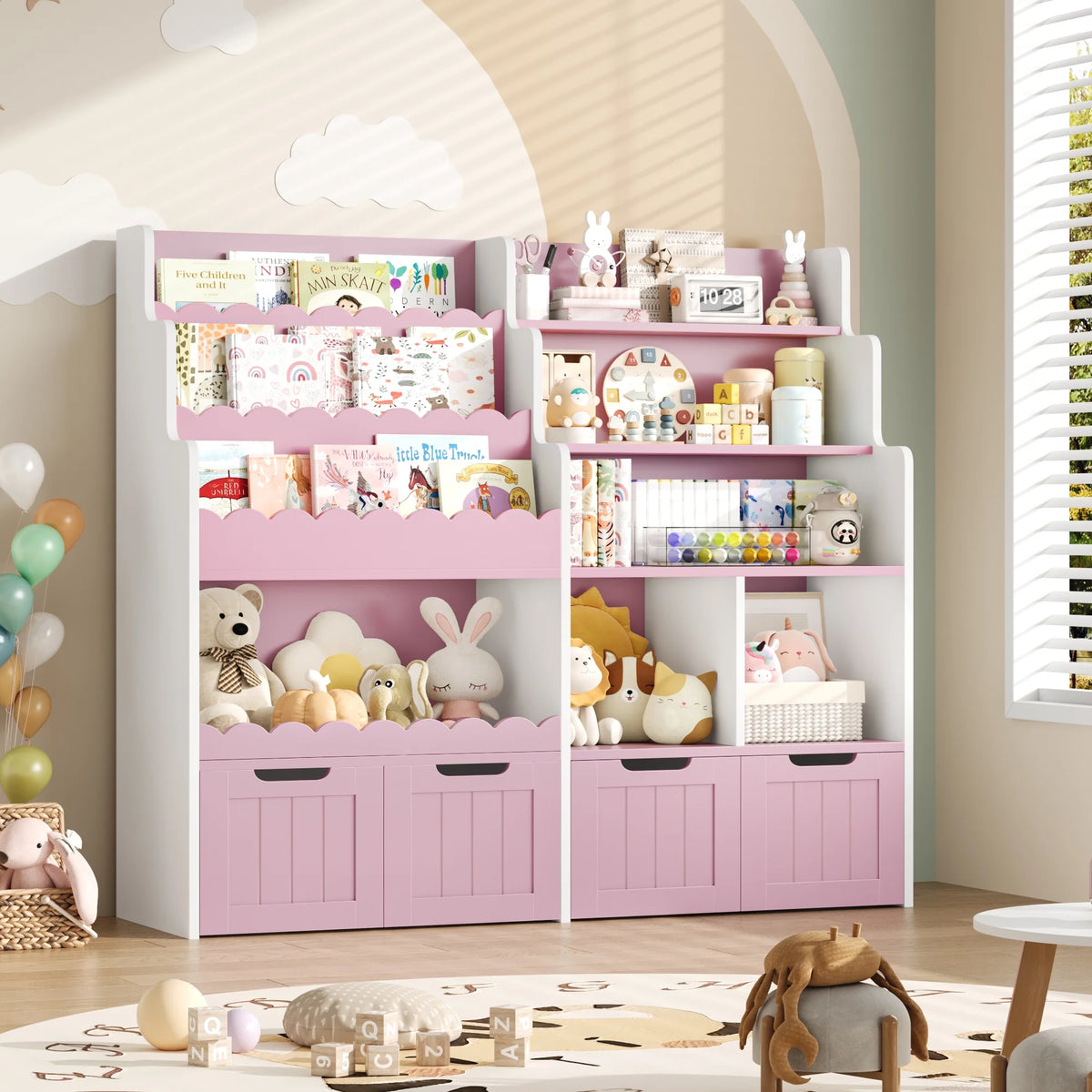 Hiphuta 47"Wide Large Kids Bookcase, Wood Bookshelf Toy Storage Organizer with Book Rack & Movable Boxes, White Bookshelf for Kids Room