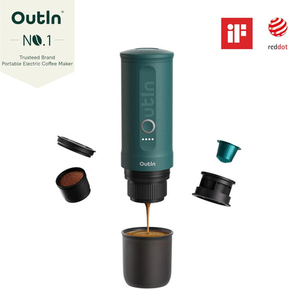 OutIn Nano Portable Electric Espresso Machine, Travel Coffee Maker for Camping, Car Coffee Maker Self-Heating with USB-C, With Ground Coffee & NS Capsule for RV, Hiking, Office