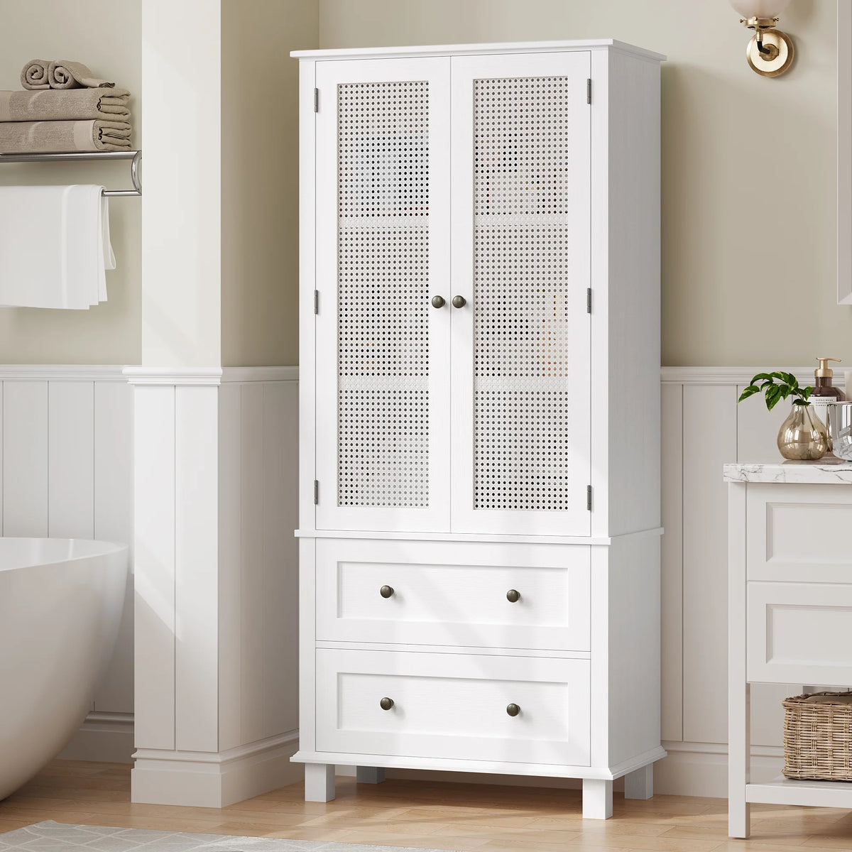 Homfa Bathroom Cabinet with Rattan Doors, Rattan Linen Storage Cabinet with 2 Drawers, Oak