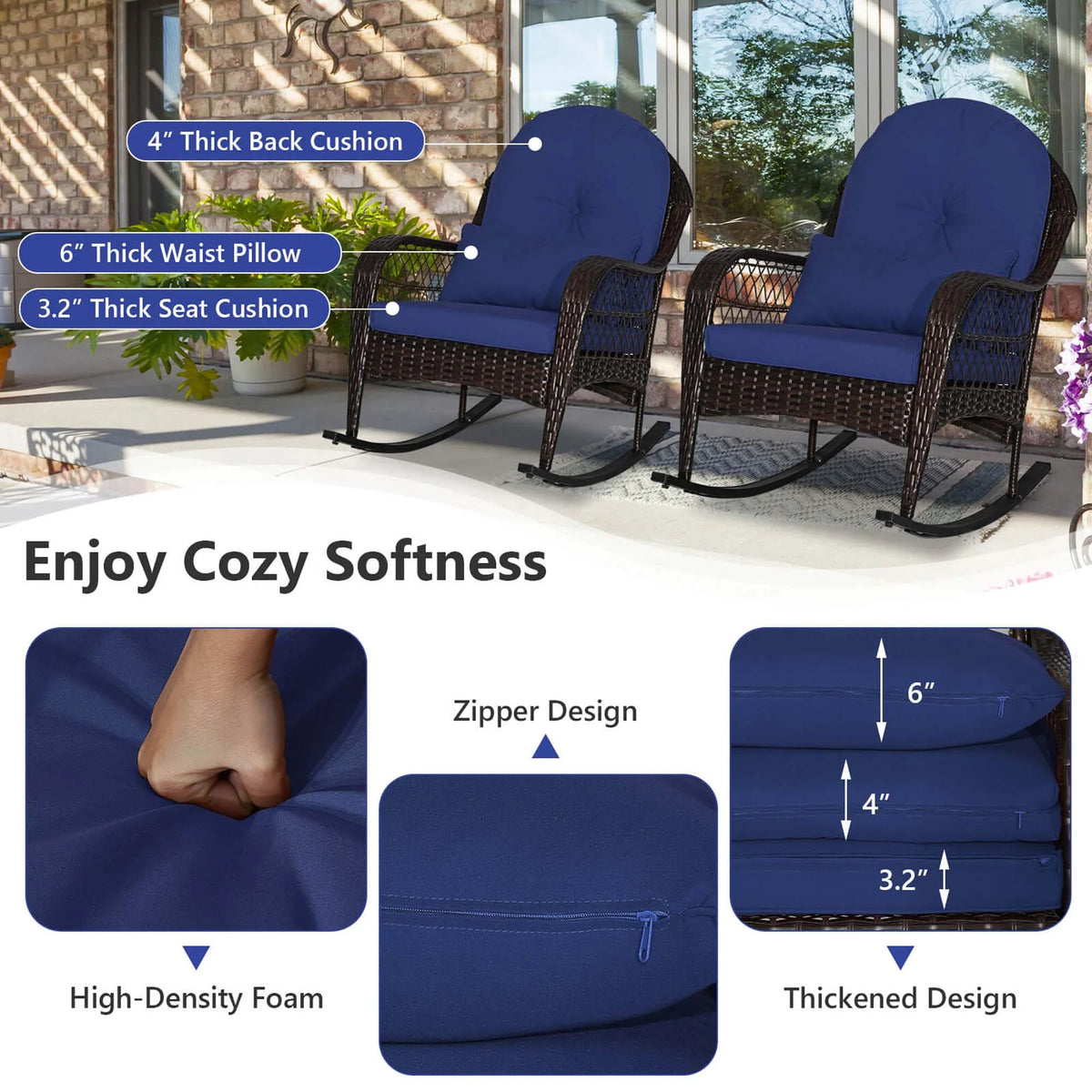 Costway Patio Wicker Rocking Chair W/Seat Back Cushions & Lumbar Pillow Porch Off White