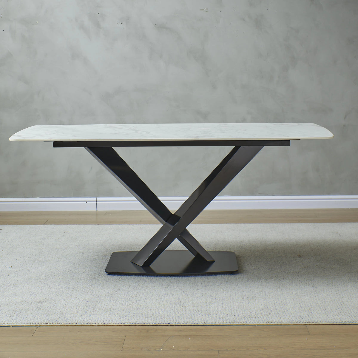 Leavader 63" White Stone Dining Table Set with Black Carbon Steel Base with 6 Dining Chairs