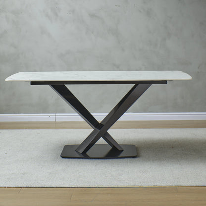 Leavader 63" White Stone Dining Table Set with Black Carbon Steel Base with 6 Dining Chairs