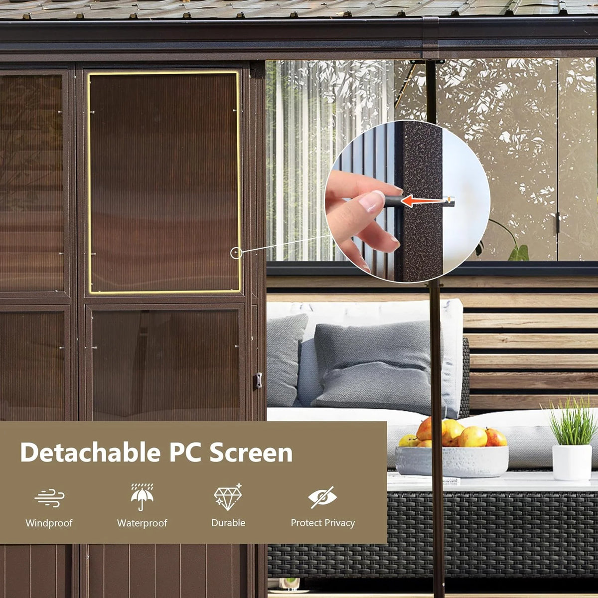 TOTAL Outdoor 10'x12' All-Season Sunroom Gazebo with Steel Roof, PVC Screen, Front & Side Door, Brown