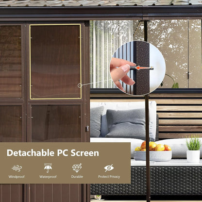 TOTAL Outdoor 10'x12' All-Season Sunroom Gazebo with Steel Roof, PVC Screen, Front & Side Door, Brown