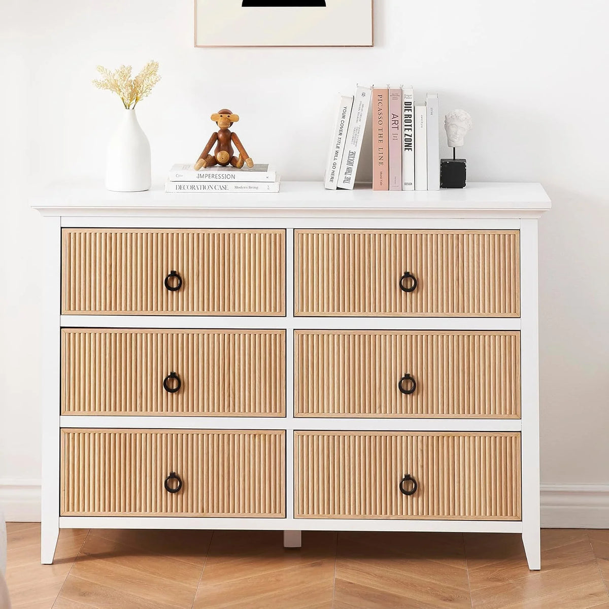 Homhougo White Dresser for Bedroom 6 Drawer, Wood Organizer Storage Cabinet with Gray Strip Drawer Door, Chest of Drawers for Closet, Living Room, Hallway, Nursery, Kids Bedroom