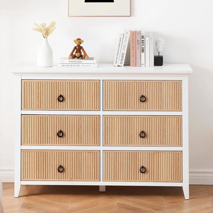 Homhougo White Dresser for Bedroom 6 Drawer, Wood Organizer Storage Cabinet with Gray Strip Drawer Door, Chest of Drawers for Closet, Living Room, Hallway, Nursery, Kids Bedroom