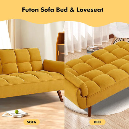 Mydepot Convertible Futon Sofa Bed, Adjustable Couch Sleeper Modern Fabric Recliner Reversible Loveseat Folding Daybed Guest Bed, Armrests, Yellow