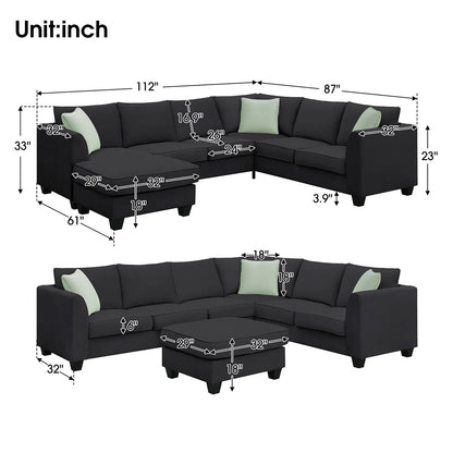Harper & Bright Designs Modular Sectional Sofa with Ottoman Couch L Shape Corner Sofa Sets 7 Seats Fabric Couch for Living Room, Black, 112 * 87 inch