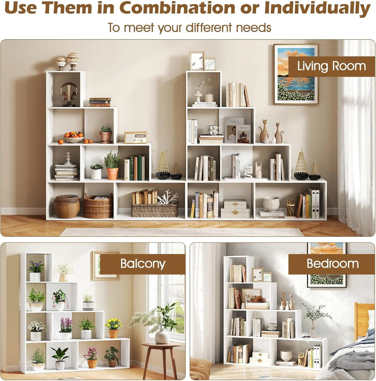 JTYUB 4-Tier Stepped Bookshelf, Freestanding 6 Cubes Ladder Bookcase with Anti-Tipping Kits, 64" Tall Modern Wooden Storage Display Rack for Home Office Living Room Study ,1 PCS,Natural