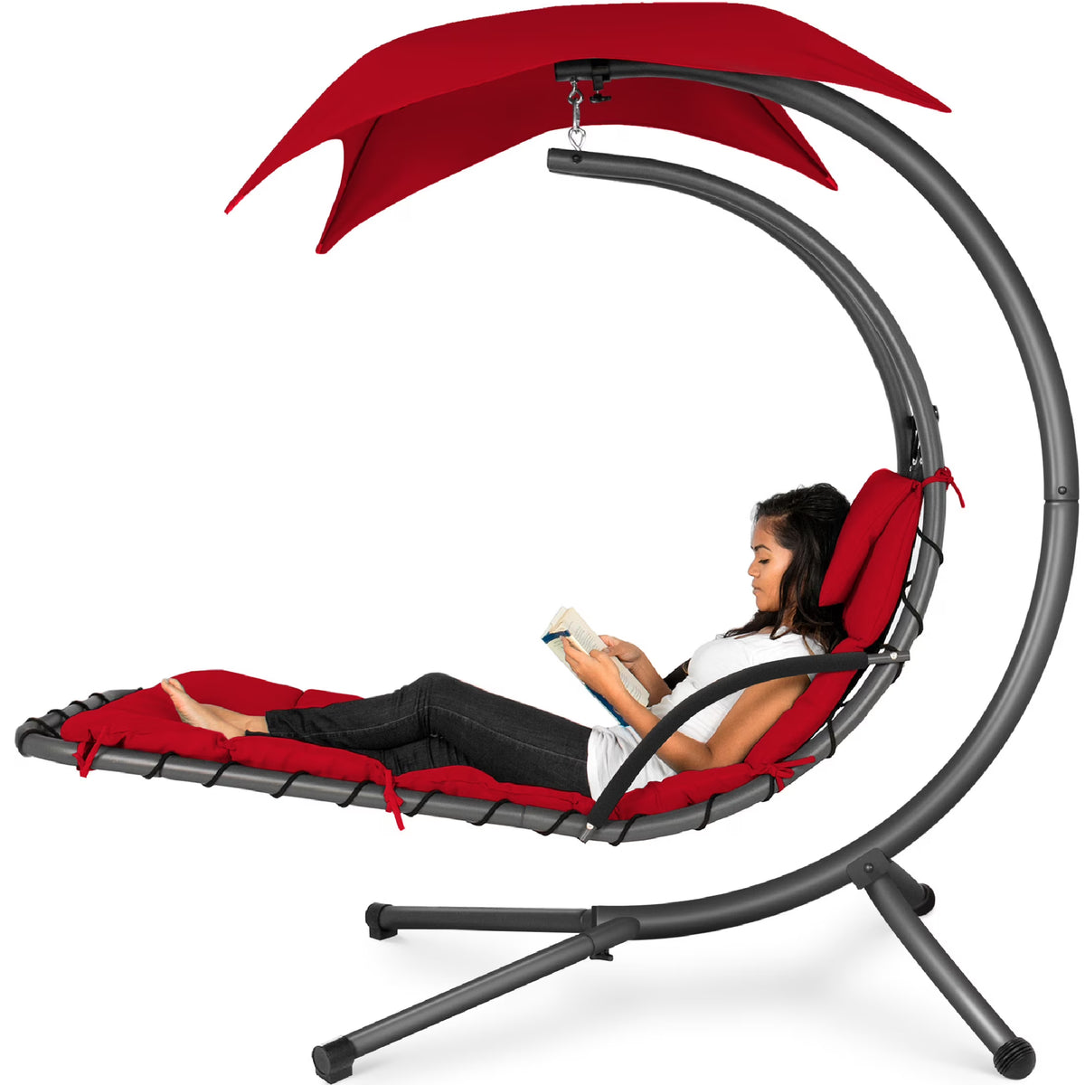 Best Choice Products Hanging Curved Chaise Lounge Chair Swing for Backyard, Patio w/ Pillow, Shade, Stand - Teal