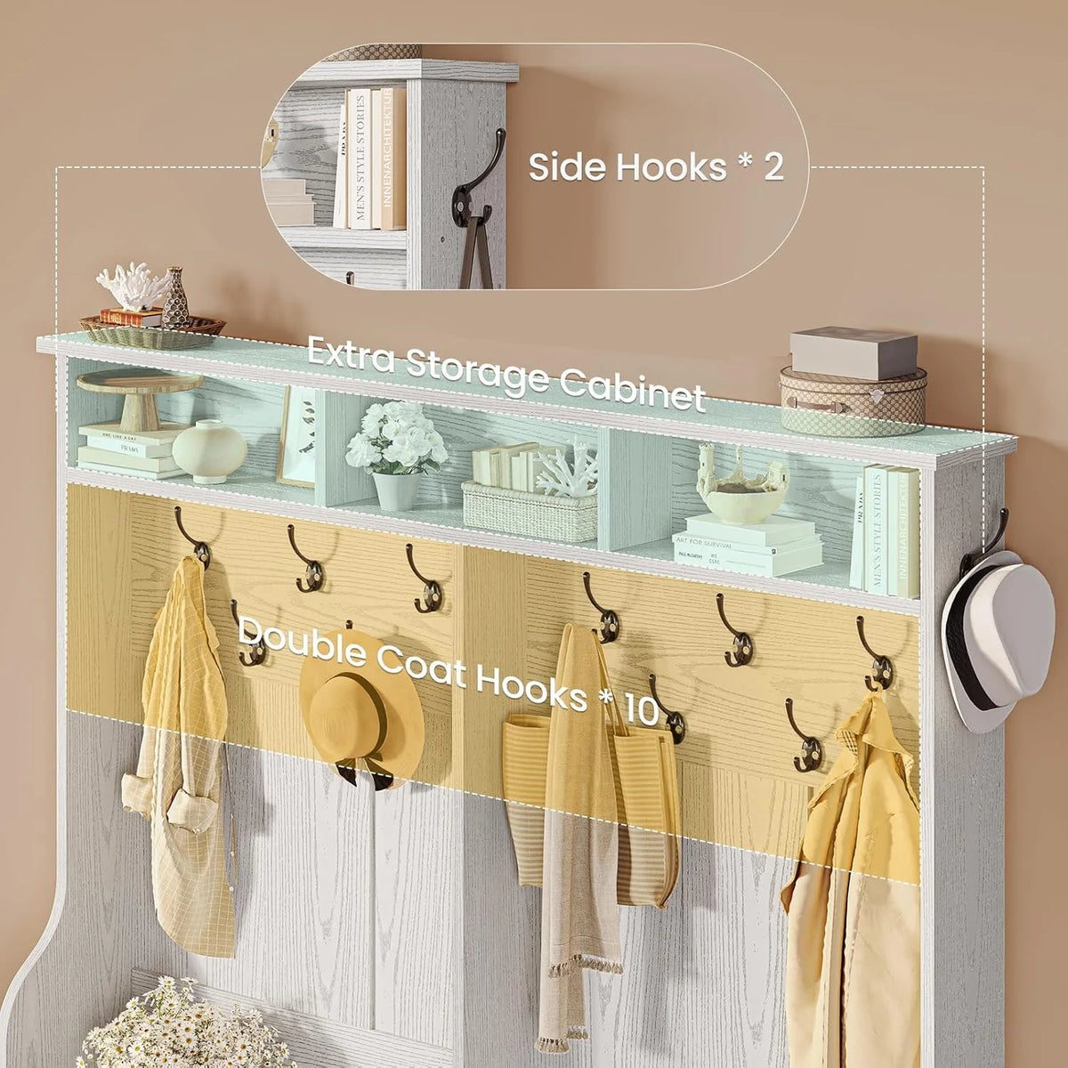 Hall Tree with Coat Rack and 16 Shoe Cubbies, 5-in-1 Entryway Bench with Bench and Shoe Storage, Barn Door & Adjustable Shelf, Embossed White