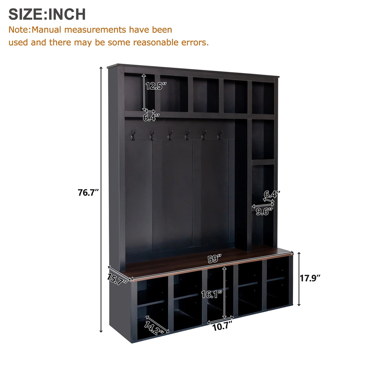 Euroco Farmhouse Wooden Style Hall Tree with 6 Hooks, Walnut Storage Bench, Adjustable Shelves, and 4-in-1 Entryway Shoe Cabinet with 13 Cubbies