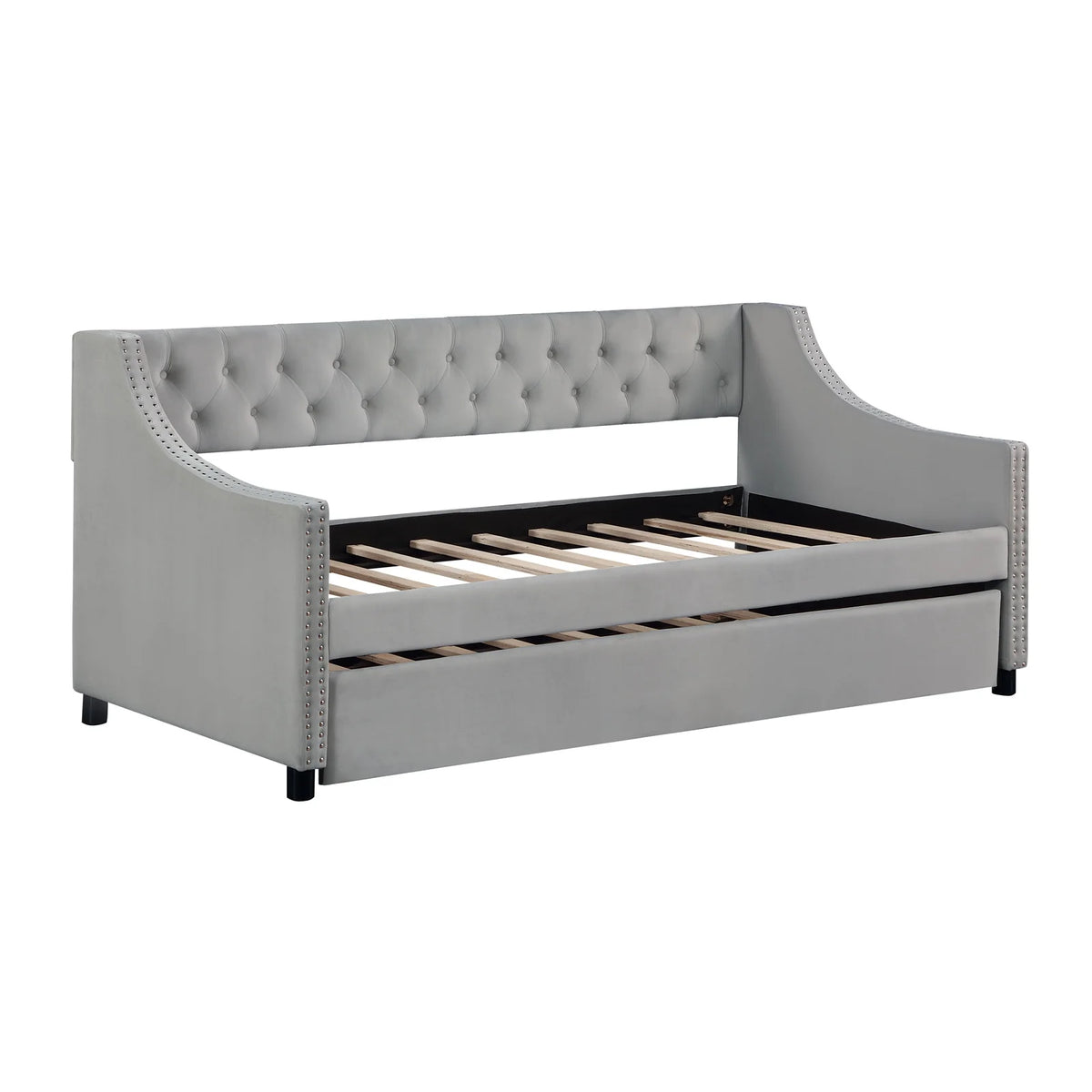 Daybed with Trundle, Twin Size Velvet Upholstered Daybed Frame with Tufted Button Back & Copper Nail on Arms, Wood Sofa Bed Frame for Living Room Bedroom, No Box Spring Needed, Grey