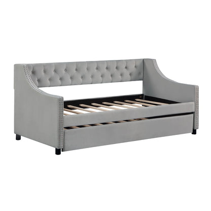 Daybed with Trundle, Twin Size Velvet Upholstered Daybed Frame with Tufted Button Back & Copper Nail on Arms, Wood Sofa Bed Frame for Living Room Bedroom, No Box Spring Needed, Grey