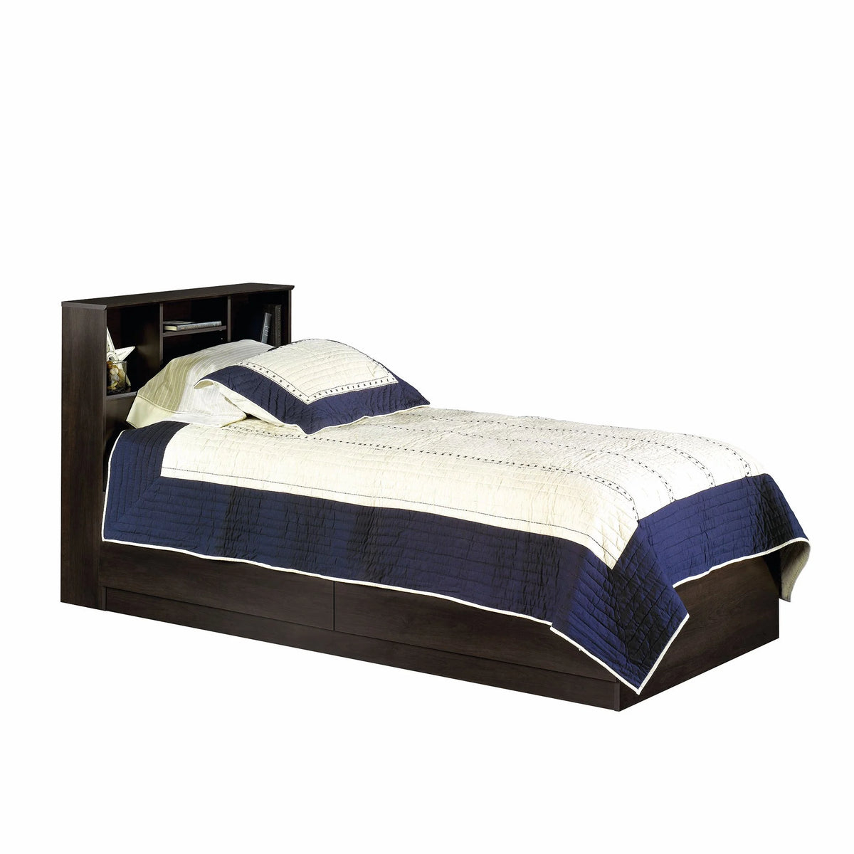 Your Zone Easy to Assemble Storage Bed with Bookcase Headboard, Twin, Natural Teak Finish
