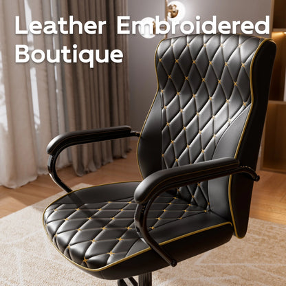 Ninecer White and Gold Office Chair with Soft Leather Embroidery, Mid Back Vintage Swivel Executive Desk Chair with Wheels and Padded Arms, Adjustable Height