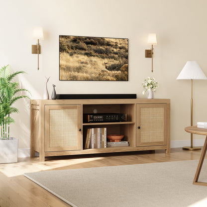 Rattan TV Stand for 65 Inch, Boho Entertainment Center with Storage and Doors, Wood TV & Media Console Under TV Cabinet Furniture for Living Room