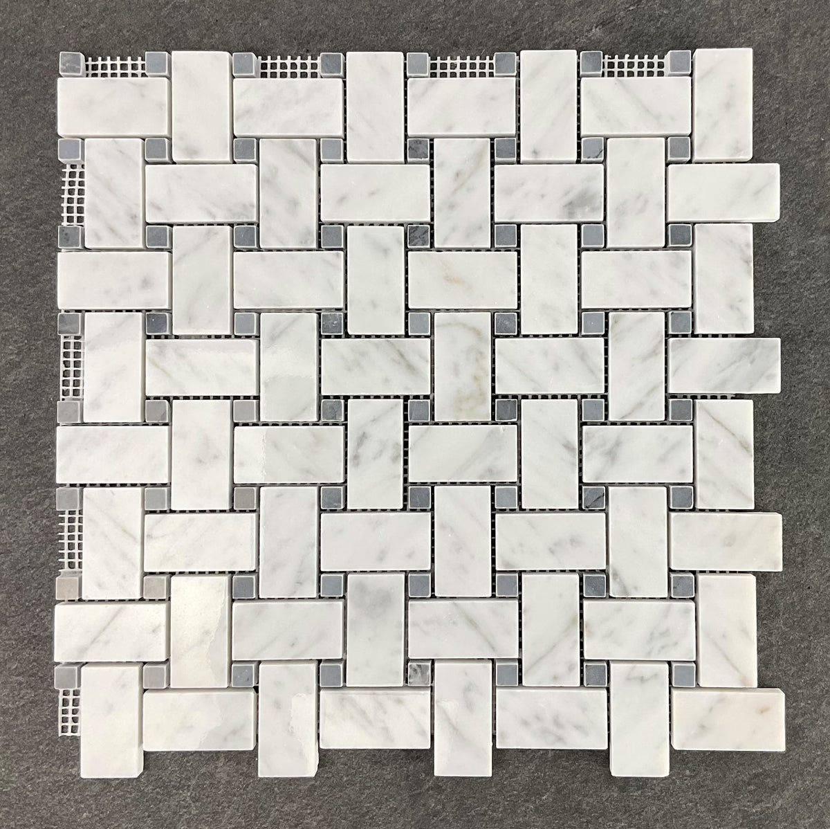 10 Sheets of 1" x 2" White Cararra and Gray Dot Basketweave Marble Mosaic Wall & Floor Tile