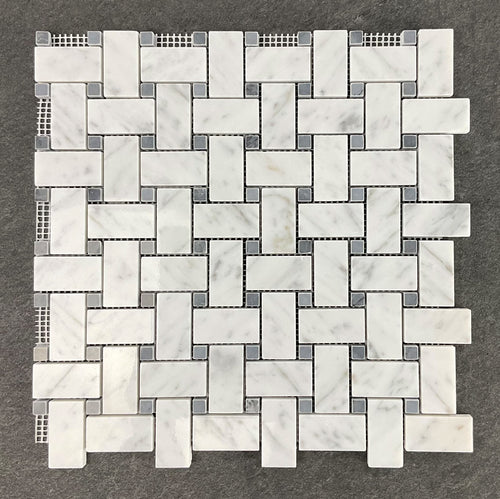 10 Sheets of 1" x 2" White Cararra and Gray Dot Basketweave Marble Mosaic Wall & Floor Tile