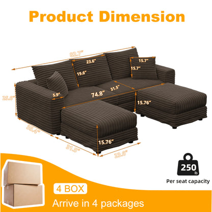 Alvantor 4-Seat Sofa 102" W Corduroy Upholstered Deep Seat Couches Convertible Chaise for Living Room, Apartment Grey