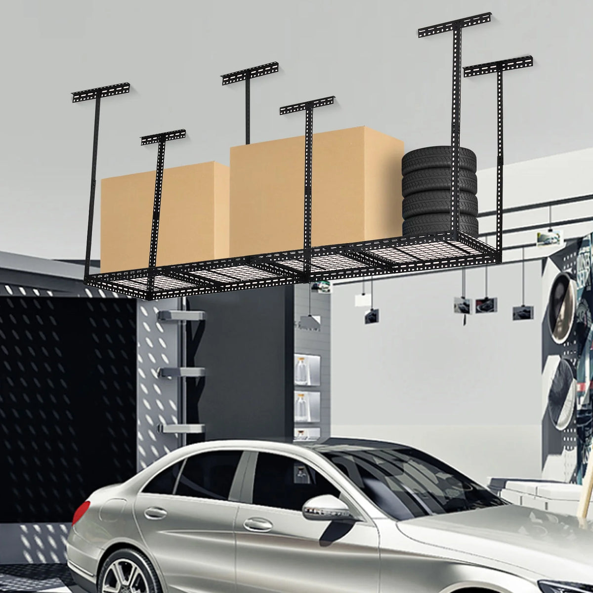 Overhead Garage Storage Rack - Heavy Duty 300kg Capacity, Adjustable 56-100cm Height, 180x120cm Black Steel Shelving with Hooks for Garage Organization