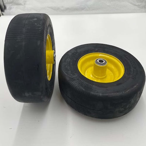 SET of 2 - 13x5.00-6 Flat Free Yellow Lawn Mower Wheel Assembly - 5/8 Inch Hub