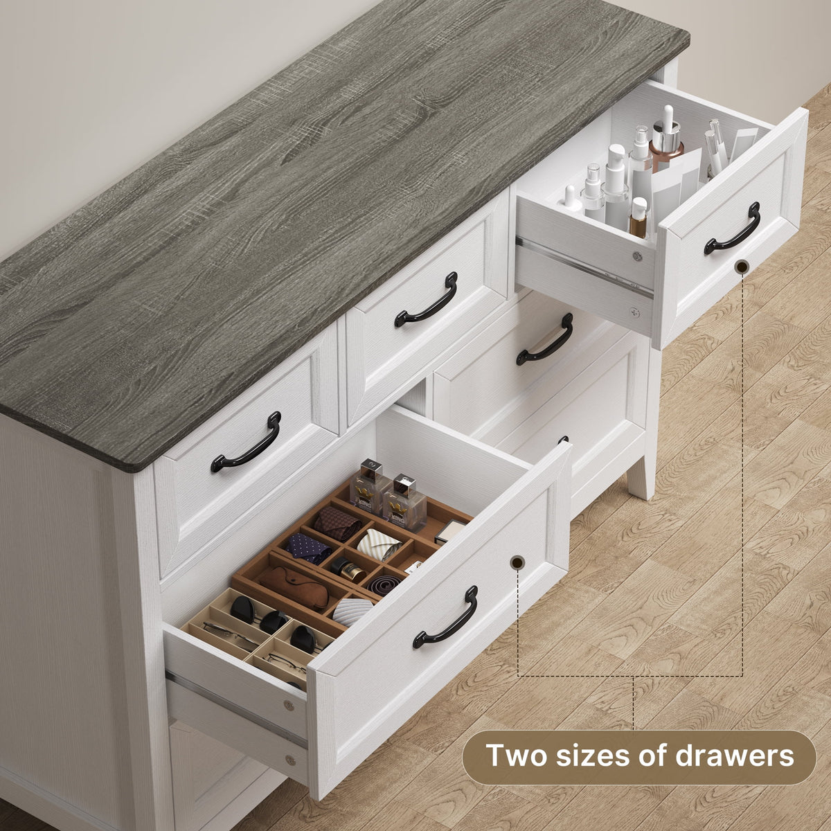 Lofka 47.2" Dresser for Bedroom with 6 Double Drawers, Farmhouse Wood Storage Cabinet with Smooth Metal Handle