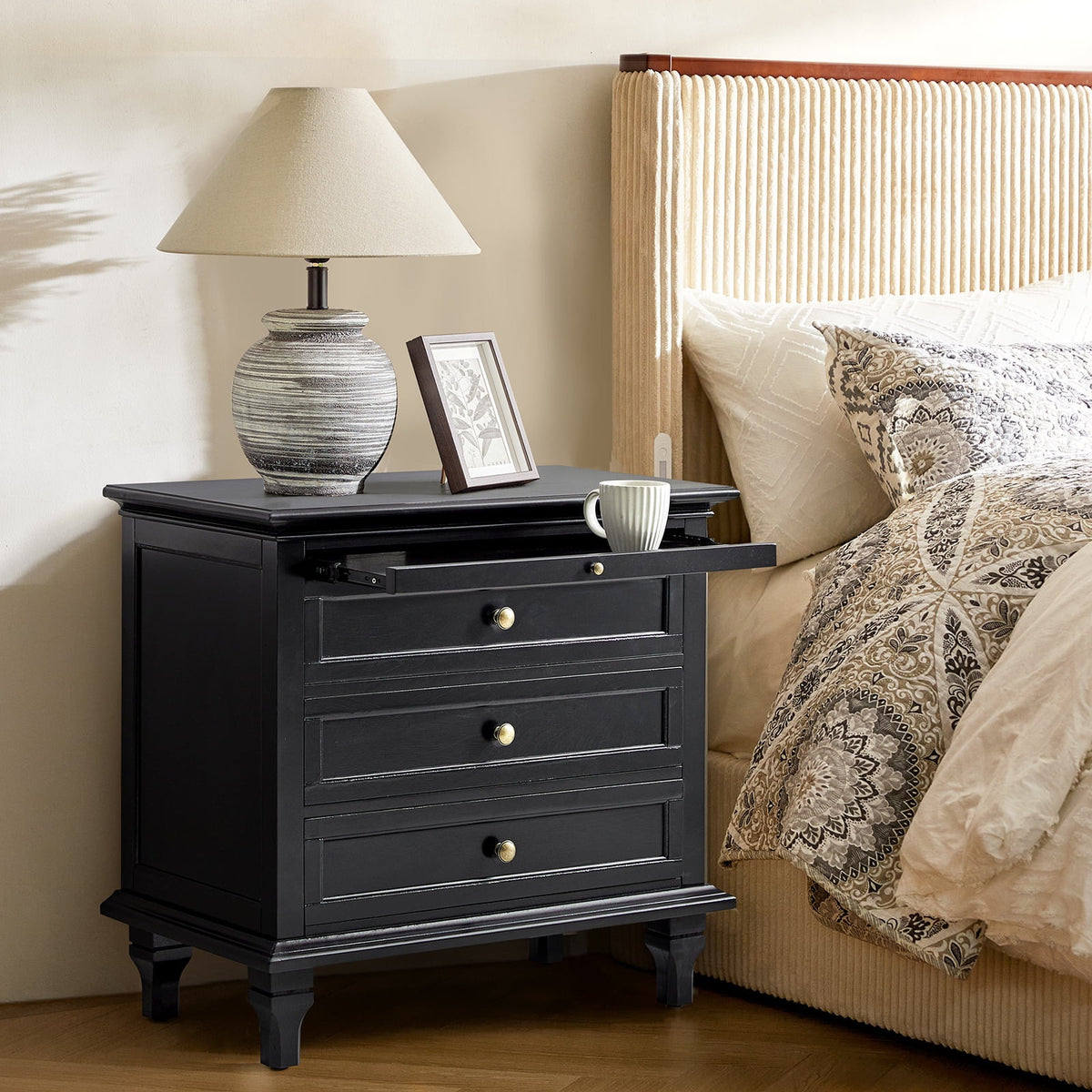 Farmhouse 3 Drawers Nightstand with Tray Bedside Table with Charging Station Acorn
