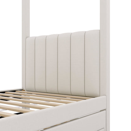 Harper & Bright Designs Twin Size Upholstery Canopy Platform Bed with Trundle and 3 Storage Drawers, Captain Platform Bed Frame with 4-Poster Canopy Roof, Beige