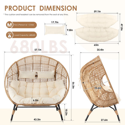 RADIATA Double Egg Chair for 2 Person, Oversized Wicker Loveseat with Thick Cushions, 680 lbs Capacity, Indoor Outdoor Stationary Patio Lounge Chair for Balcony, Garden, Beige