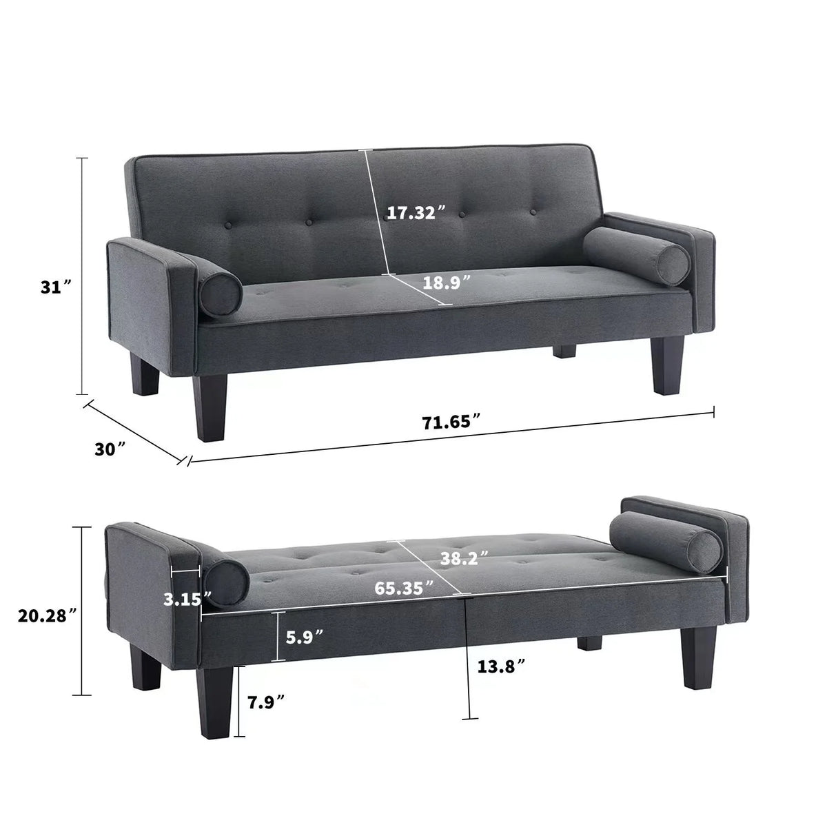 72" Convertible Loveseat Sofa Bed Sleeper Daybed,Modern Upholstered Folding Recliner,Small Futon Sofa for Living Room Apartment Office,Gray 02