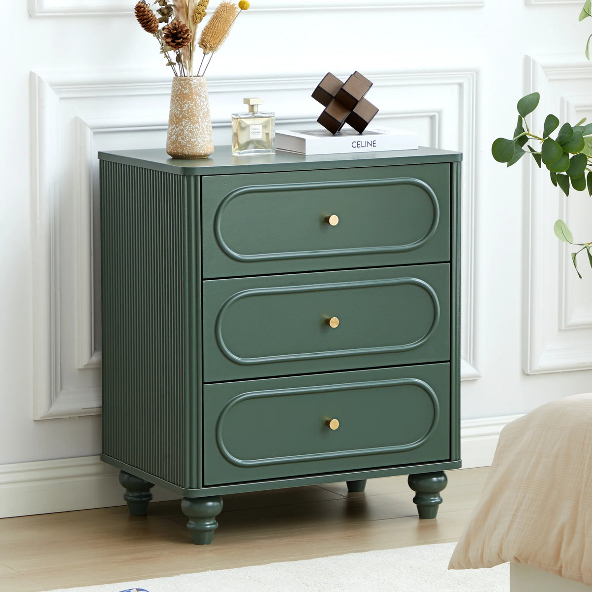YOCWO 3 Drawer Nightstand, Classic Chest of Drawers with Arc Edge, Walnut