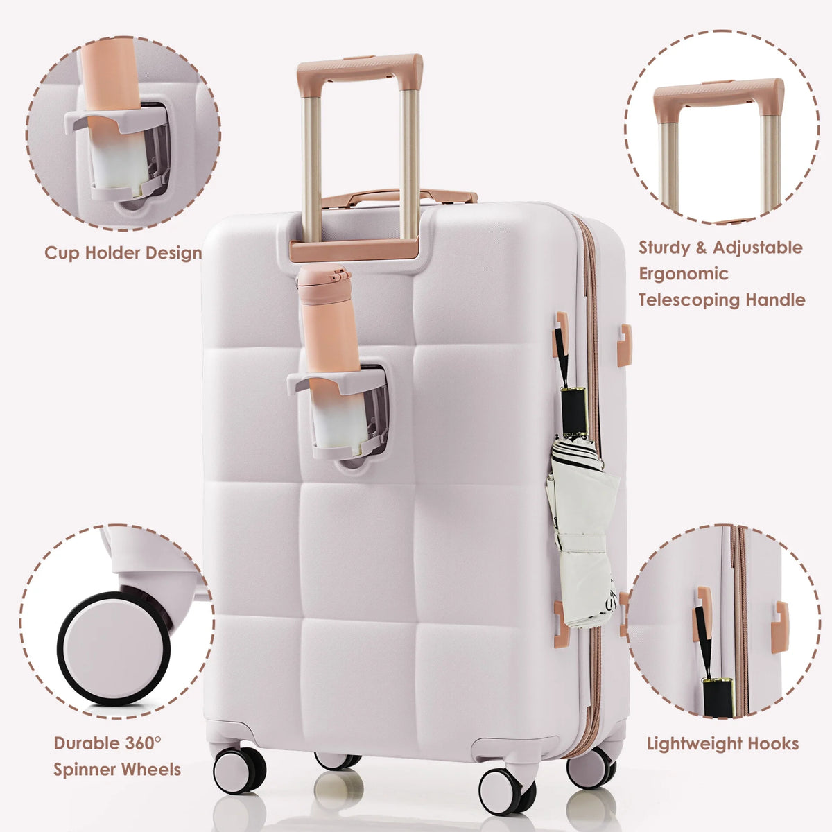 3 Piece Luggage Set , 20/24/28 inches Suitcase Set , ABS Hardshell Expandable Luggage Sets with TSA Lock,20-inch with USB Port, Carry On Luggage for Men Women, Pink